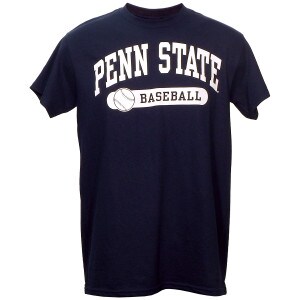 navy short sleeve t-shirt with screened white Penn State arched above baseball graphic and text